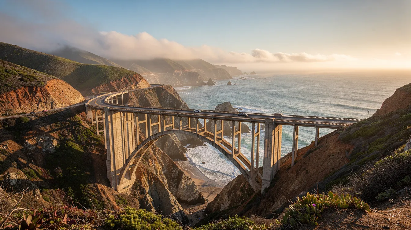The image captures the breathtaking view of Bixby Bridge gracefully spanning a deep canyon, with the stunning Pacific Ocean shimmering in the background. This iconic landmark along California's Big Sur coastline is a must-see for luxury travelers seeking unforgettable experiences and panoramic views.