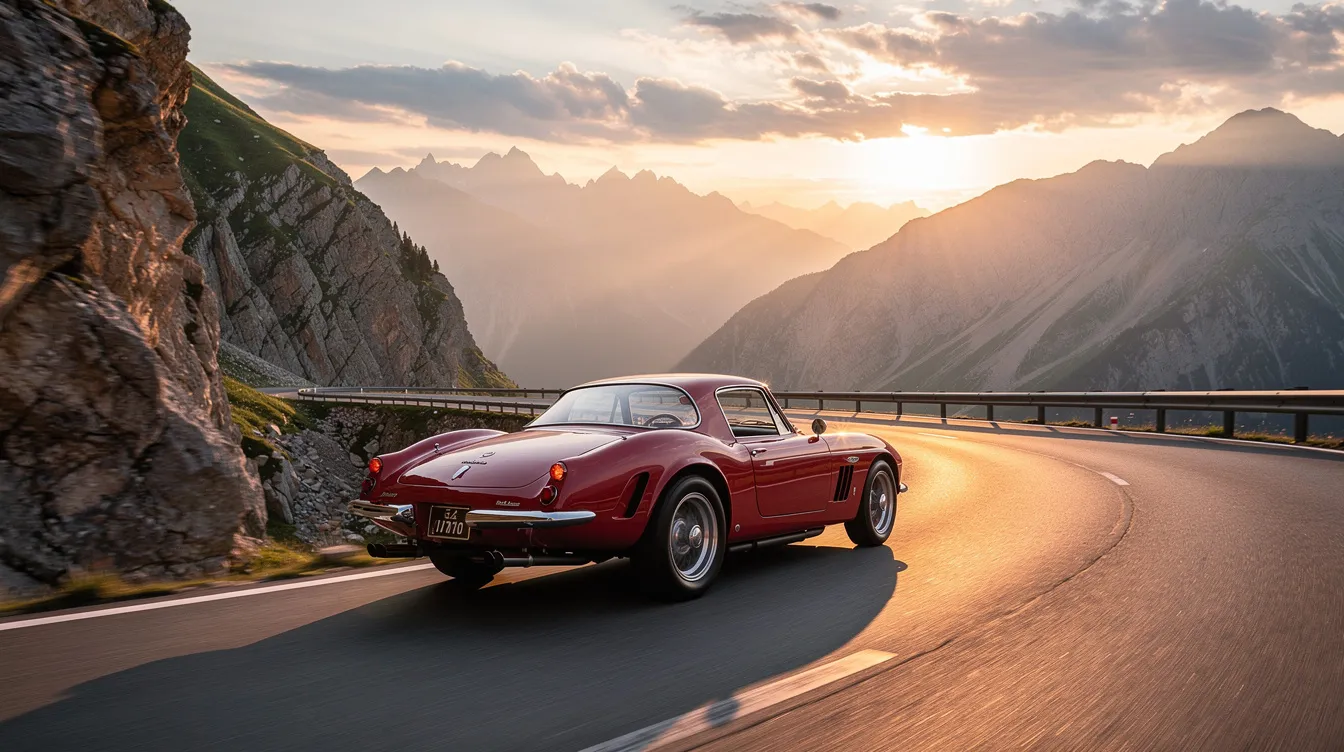 A sleek classic sports car is cruising along a winding mountain road during the golden hour, with the sun casting a warm glow over the landscape. This scenic trip embodies the spirit of road travel, inviting friends and family to discover beautiful experiences together.