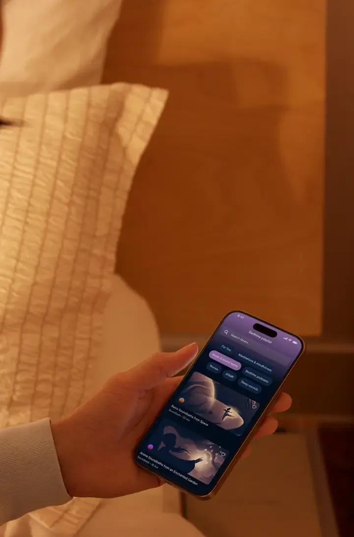 The Hatch app showing the sleep sound library - ASMR, bedtime podcasts, and sleep sounds