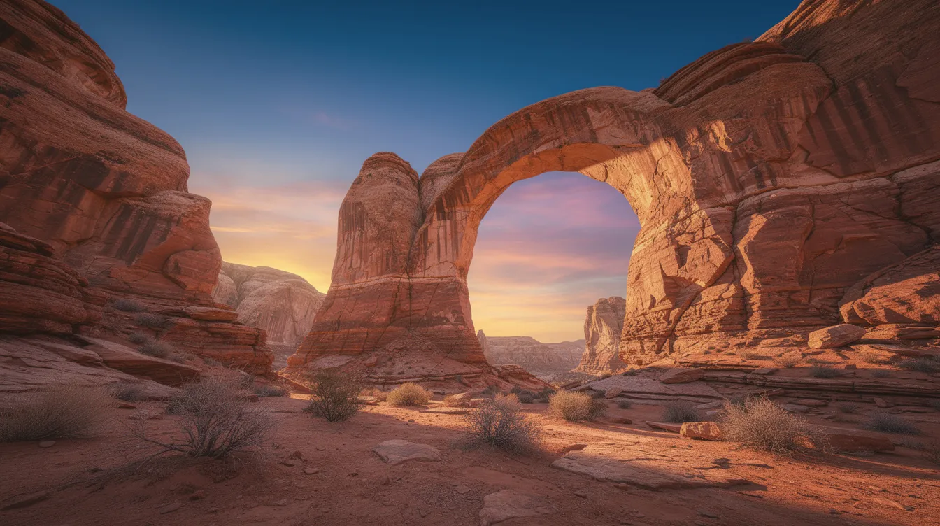 The image depicts stunning red rock formations and natural stone arches silhouetted against a deep blue desert sky during sunset, highlighting the incredible scenery found in places like Arches National Park. This breathtaking view captures the essence of natural beauty and is a must-see for anyone exploring road trip destinations in the American Southwest.