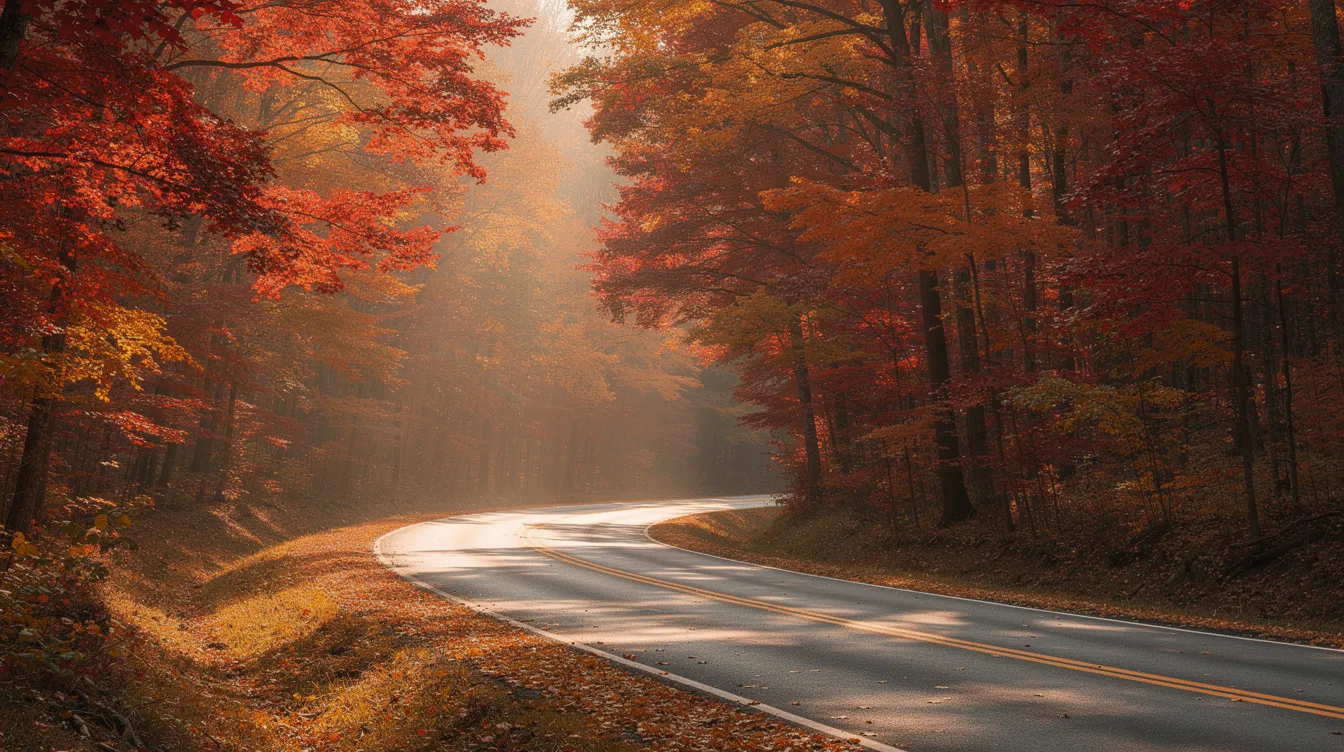 A winding two-lane road meanders through a vibrant forest adorned with brilliant red and orange autumn leaves, showcasing the natural beauty of the season. This scenic route invites travelers to explore the incredible scenery, making it an ideal spot for a memorable road trip.