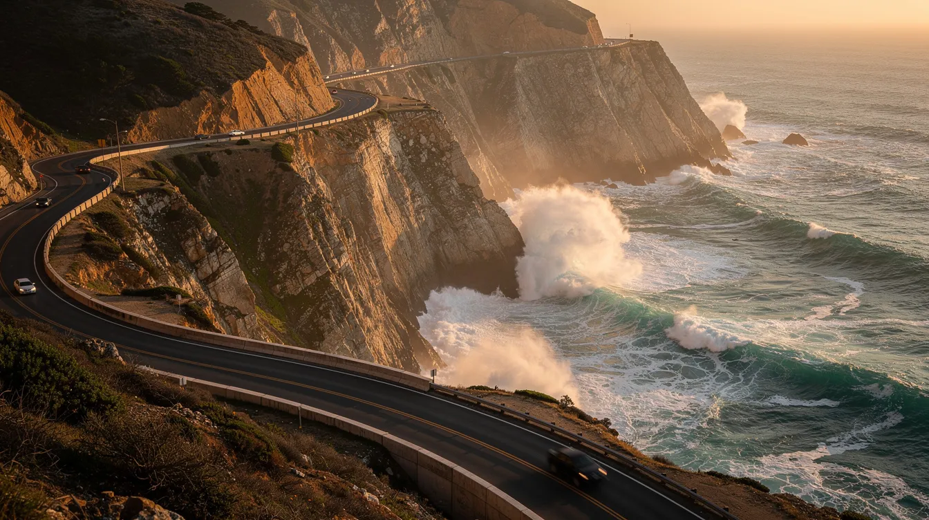 The image depicts dramatic ocean cliffs along the Pacific Coast Highway, where waves crash against the rocky shoreline below. A winding highway is carved into the hillside, offering breathtaking views of the natural beauty of the California coast, making it a perfect destination for a summer road trip.