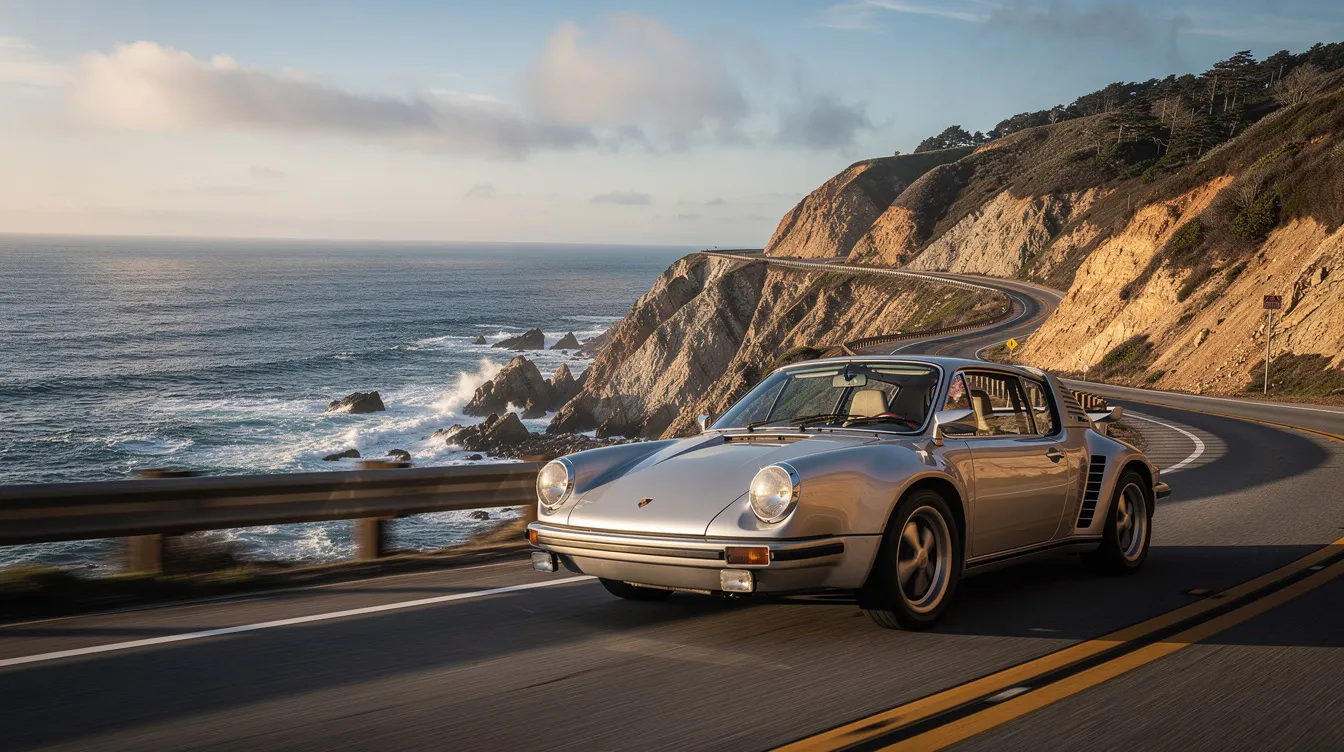 A classic silver Porsche 911 drives along a dramatic coastal highway, offering breathtaking views of the Pacific Ocean and rugged cliffs. This luxurious scene captures the essence of California travel, perfect for luxury travelers exploring the iconic coastline.