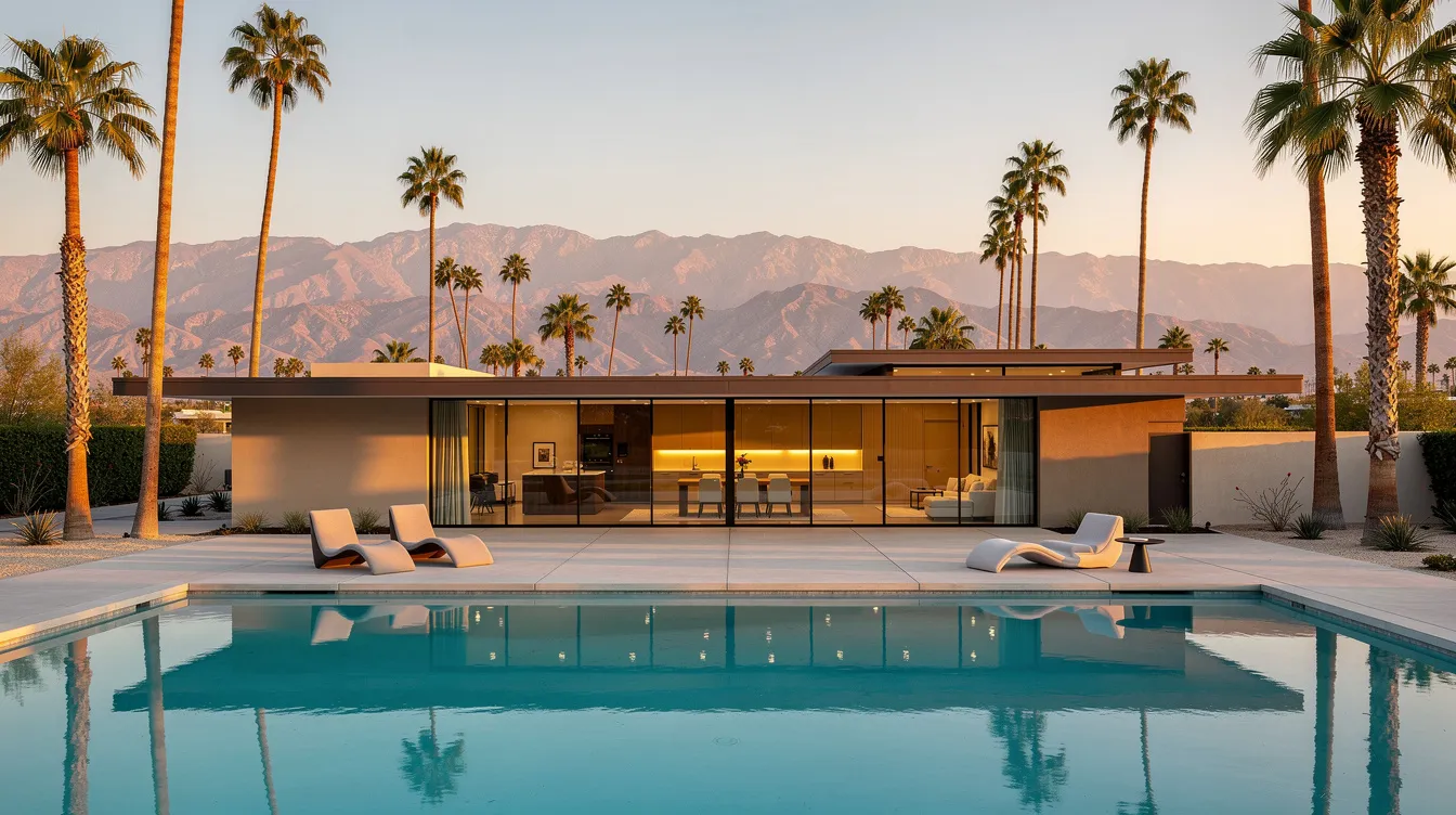 A mid-century modern house features a sparkling pool surrounded by lush palm trees, with stunning desert mountains in the background, creating a serene atmosphere perfect for luxury travelers seeking relaxation in California's breathtaking landscapes.