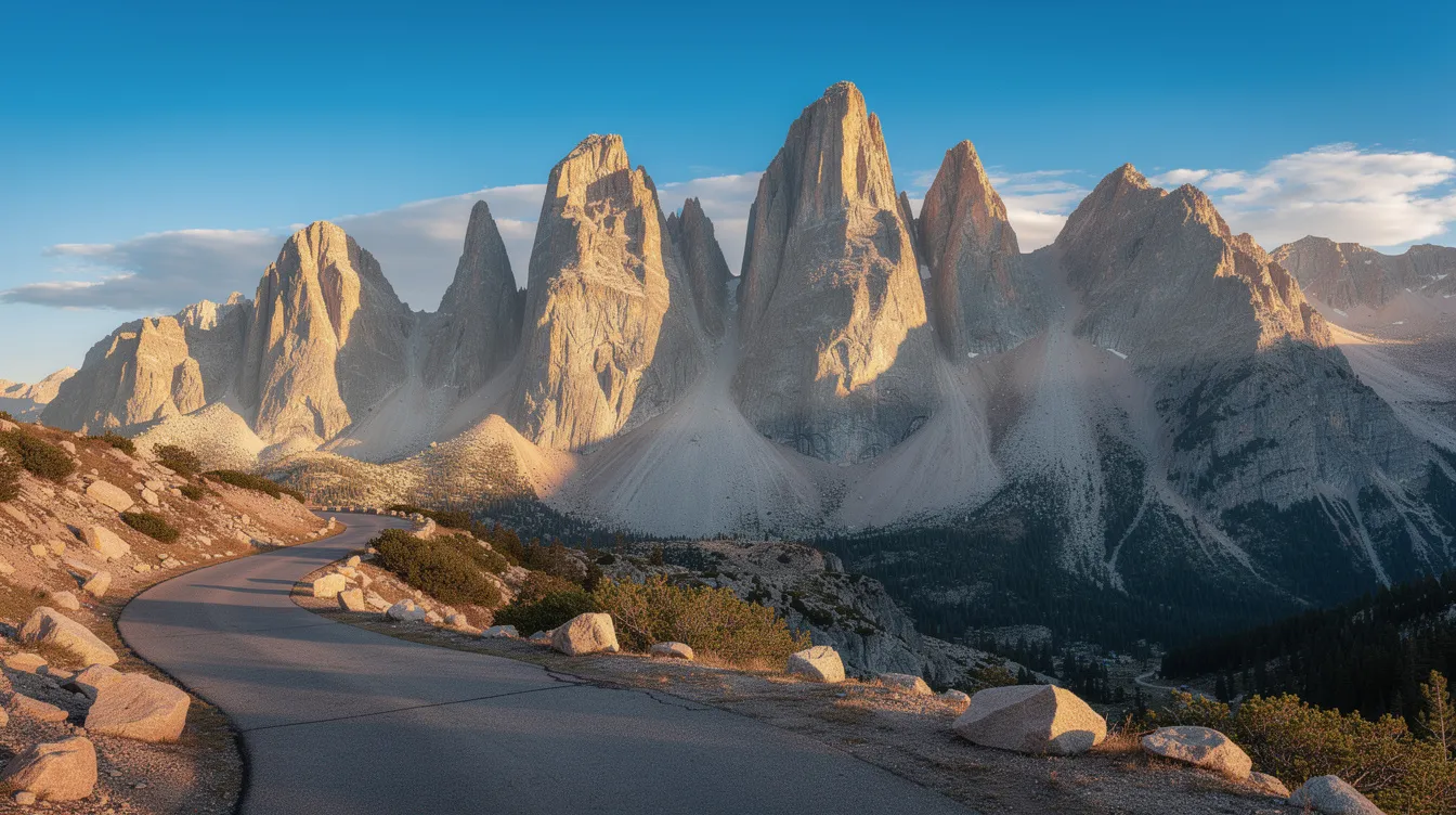 The image showcases a dramatic view of the Sierra Nevada granite peaks, with a winding mountain road in the foreground, inviting travelers to embark on a scenic cross country road trip. This awe-inspiring scenery highlights the natural beauty of the western banks, making it a perfect stop for those exploring national parks during their journey from the west coast to the east coast.