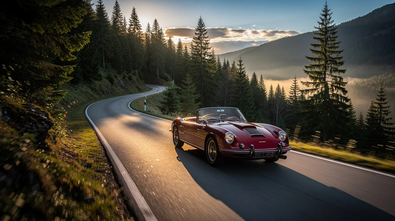 A classic sports car gracefully navigates a winding mountain road surrounded by a lush evergreen forest, showcasing the awe-inspiring scenery typical of a cross country road trip. This picturesque route, reminiscent of journeys from the west coast to the east coast, invites travelers to explore the natural beauty of the Rocky Mountains.