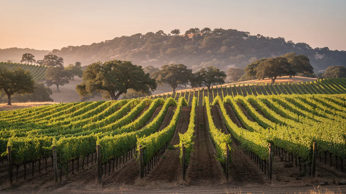 The image captures rolling vineyard rows bathed in warm golden light during sunset, with oak-covered hills in the background, embodying the breathtaking views of California's wine country. This scenic landscape is a perfect representation of luxury travel experiences in Napa Valley, inviting visitors to explore its hidden gems.