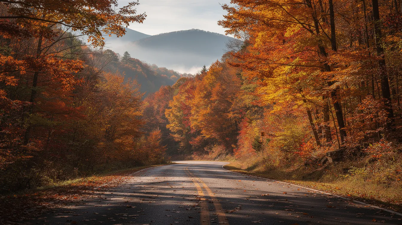 A scenic Appalachian road winds through a vibrant forest adorned with autumn foliage in stunning oranges and reds, showcasing the natural beauty of the east coast during early fall. This picturesque drive offers awe-inspiring scenery, perfect for a cross country road trip or a leisurely exploration at your own pace.