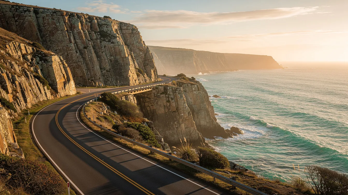 A scenic view of the Pacific Coast Highway showcases a winding road that hugs dramatic cliffs, offering breathtaking views of the ocean bathed in golden afternoon light. This picturesque route is perfect for summer road trips, highlighting the natural beauty of California's coastline.