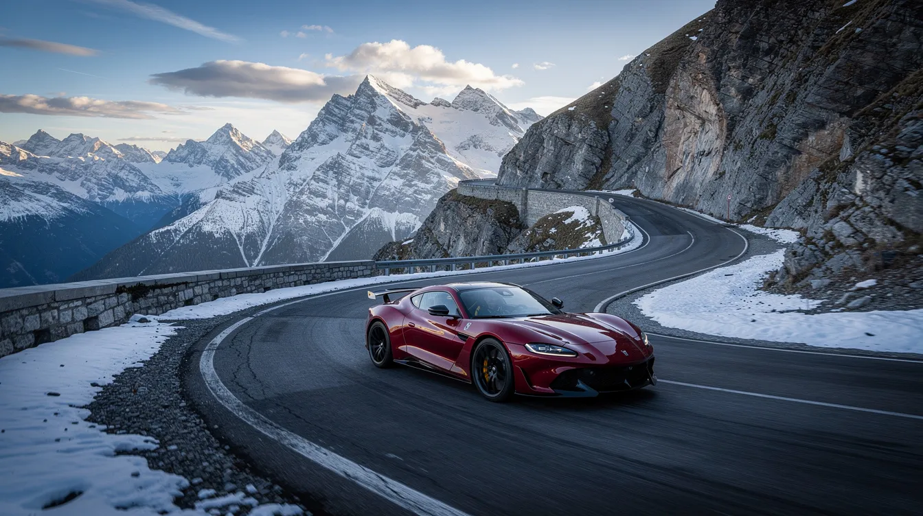 A sleek sports car skillfully navigates hairpin turns along a dramatic mountain pass, with stunning snow-capped peaks towering in the background, offering an incredible driving experience for those on a self-drive tour. This picturesque route invites travelers to explore the timeless beauty of the countryside at their own pace.