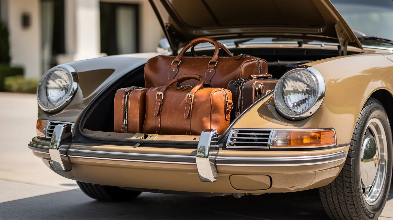 A classic Porsche sports car with a sleek design has its front boot neatly packed with soft leather luggage, ready for an adventure. This setup evokes the excitement of a self-drive tour, where drivers can explore stunning landscapes and create unforgettable memories at their own pace.