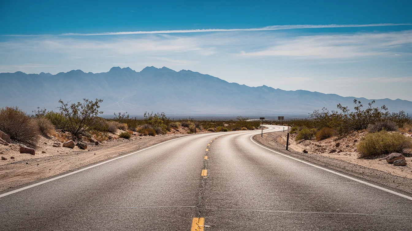 A winding desert highway stretches toward distant mountains under a bright blue sky, inviting travelers to embark on a road trip adventure.