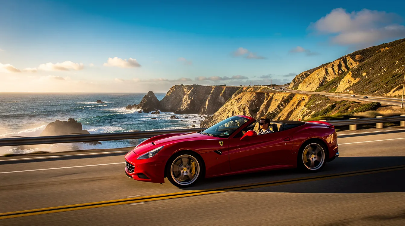 A striking red Ferrari convertible glides along the scenic Pacific Coast Highway, with breathtaking ocean views and a clear blue sky as the backdrop. This luxurious car rental experience offers an unforgettable thrill as it cruises through iconic Malibu, perfect for those looking to rent a Ferrari in Los Angeles.
