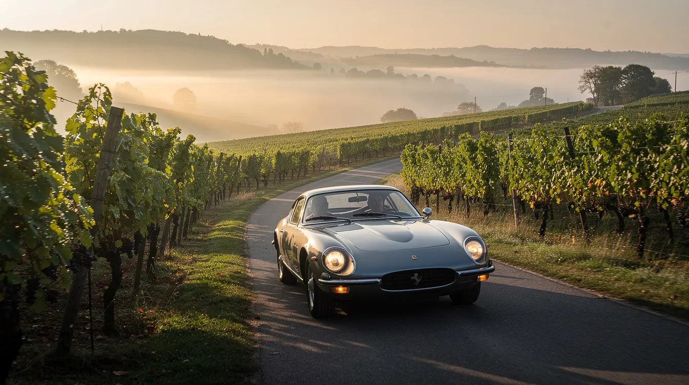 A classic sports car speeds along a vineyard-lined road, surrounded by rolling hills and morning mist, evoking the charm of California's wine country. This picturesque scene captures the essence of wine tours, inviting wine lovers to explore the beauty of the region.