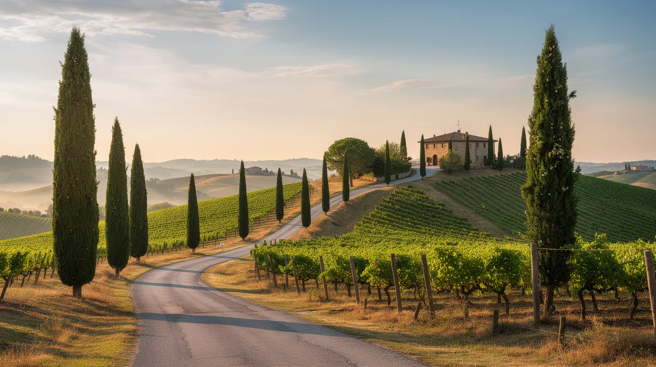 The image depicts a picturesque winding road meandering through the lush Tuscan hillside, lined with tall cypress trees and terraced vineyards, creating a serene landscape typical of wine country. This scenic view invites wine lovers to explore the beauty of the region and enjoy wine tours amidst the rolling hills and vineyards.