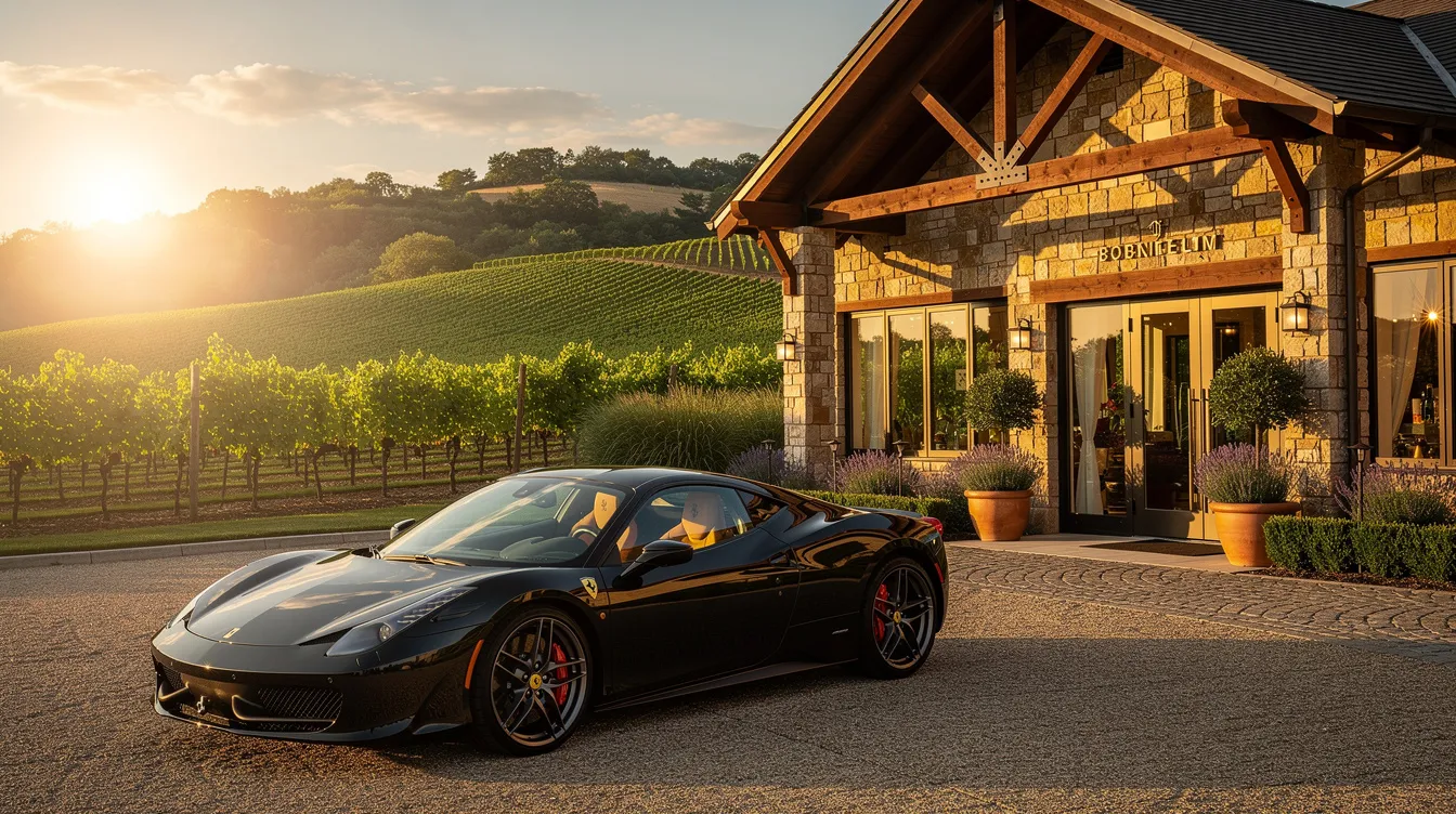 A sleek sports car is parked in front of a charming boutique inn, with picturesque vineyards stretching across the rolling hills in the background, illuminated by the warm glow of the golden hour. This scene captures the essence of California's wine country, inviting wine lovers to enjoy wine tours and tastings in the nearby world-class wineries.