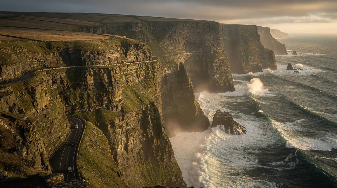 A dramatic coastal highway winds along towering cliffs that drop steeply to the crashing ocean waves below, creating a breathtaking view.