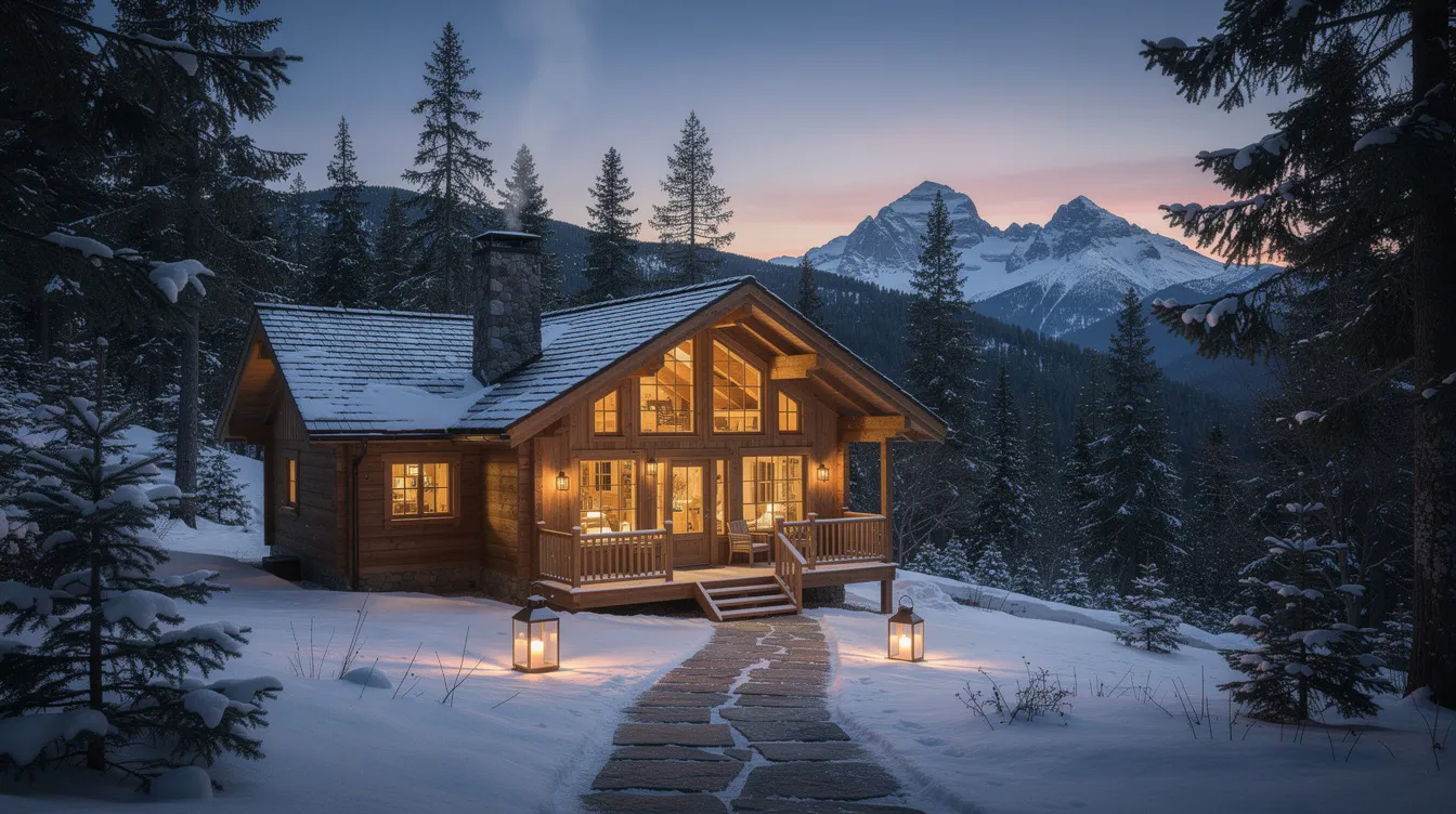 A cozy mountain lodge cabin glows warmly from within as dusk settles in, creating an inviting atmosphere perfect for a restful overnight stop during a road trip.