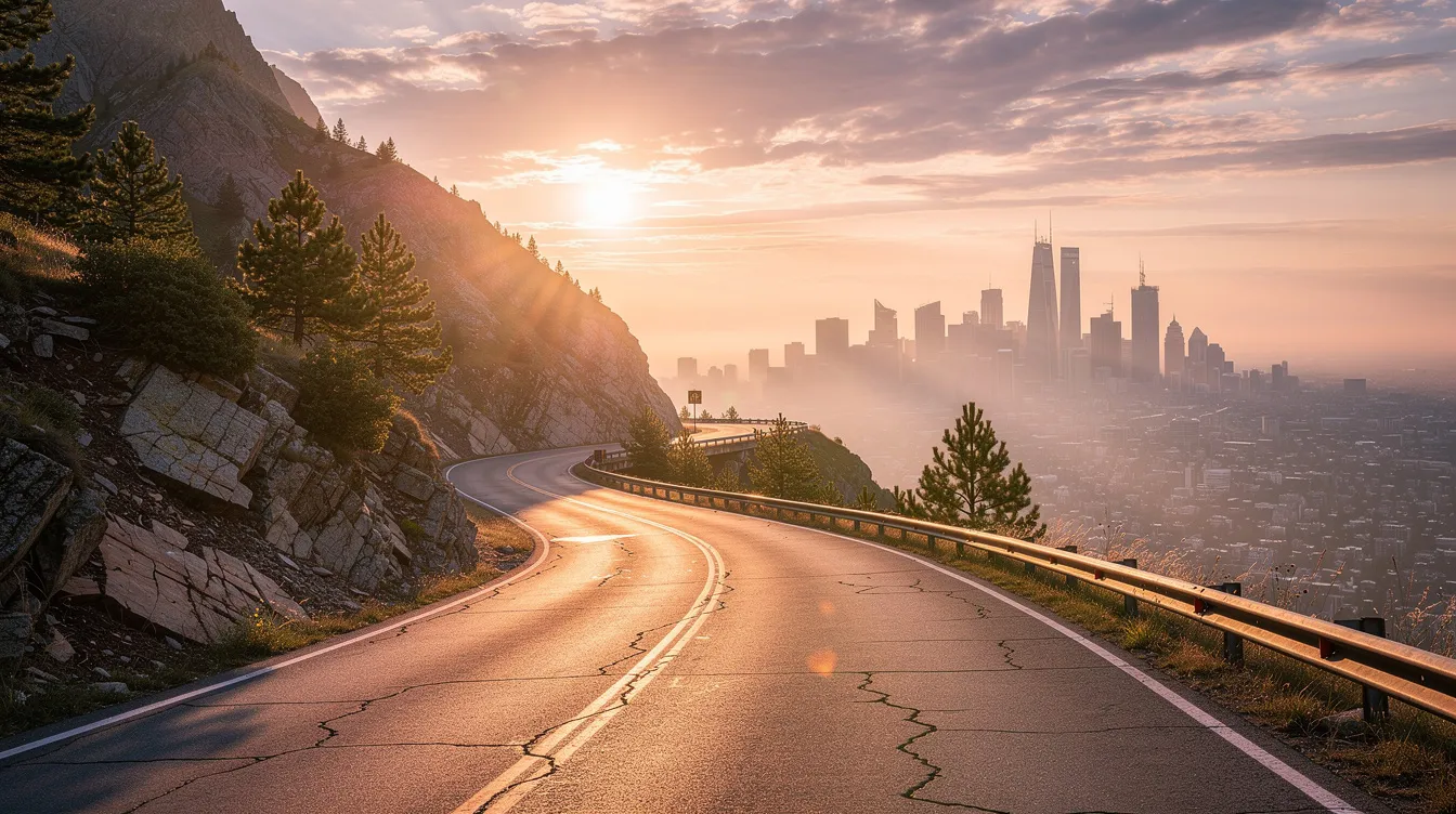 The image depicts a winding mountain road bathed in the warm glow of golden hour, with a stunning city skyline visible in the distance. This scenic drive offers a perfect backdrop for an unforgettable luxury experience, making it an ideal setting for those looking to rent a Ferrari in Los Angeles.
