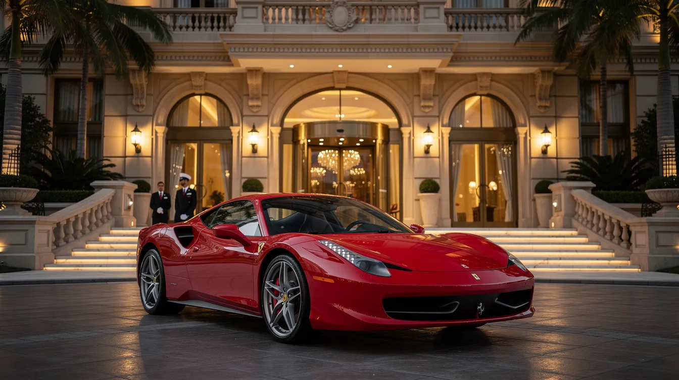 A sleek Ferrari is parked at the entrance of a luxury hotel, surrounded by palm trees and elegant architecture, creating a stunning backdrop. This scene captures the essence of exotic car rental in Los Angeles, offering an unforgettable luxury experience.