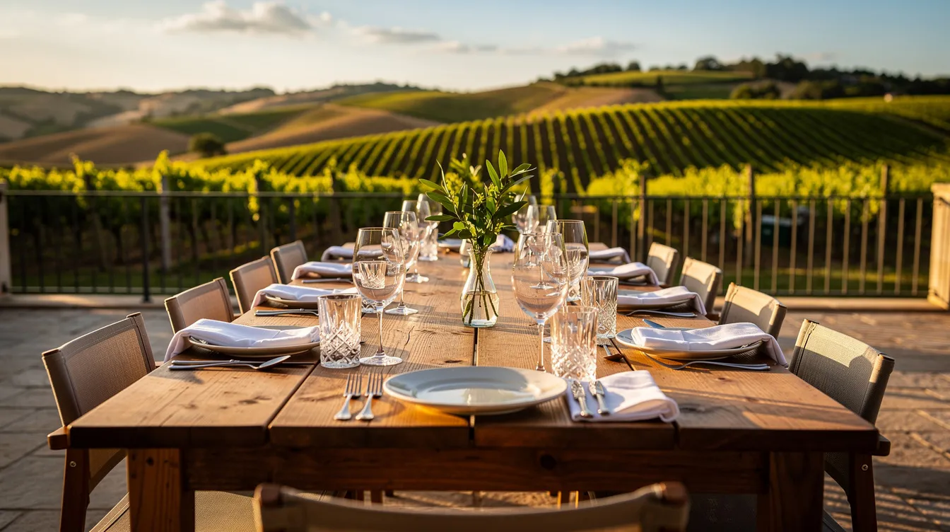 A long lunch table is set on a winery terrace, adorned with wine glasses, offering a stunning view of rolling vineyards in the background. This picturesque scene captures the essence of wine tours in California's wine country, inviting wine lovers to enjoy an unforgettable dining experience amidst the natural beauty of the landscape.